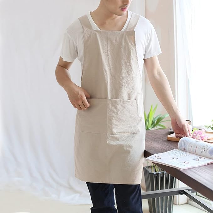 Japanese Style Linen Cotton Cross Back Pinafore Apron with Pockets for Women Ladies Men Chef Kitchen Cooking Baking