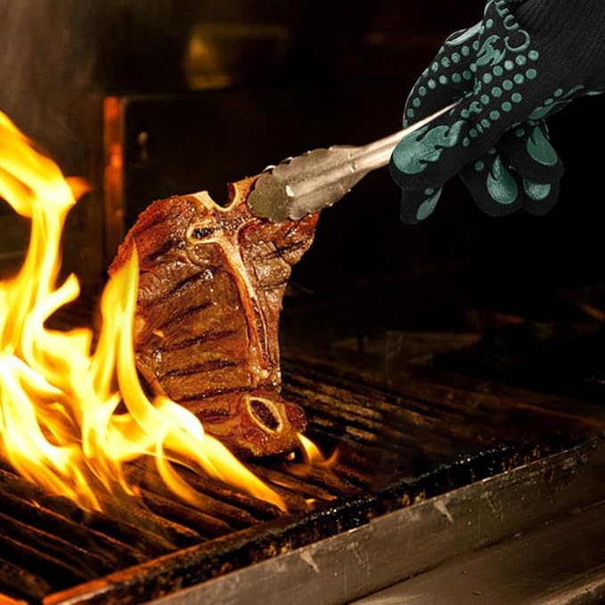 Comsmart BBQ Gloves, 1472°F Heat Resistant Grilling Gloves Silicone Non-Slip Oven Gloves Long Kitchen Gloves for Barbecue, Cooking, Baking, Short, Green