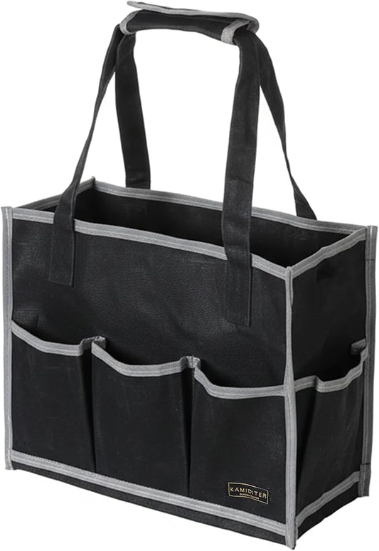 Waxed Canvas Tool Pouch,1 Large Capacity Pocket & 14 Pockets Garden Tool Storage Bag, 14.5 X 6.5 X 11 inch Muti-Purpose Tool Bag with Padded Handle | Black