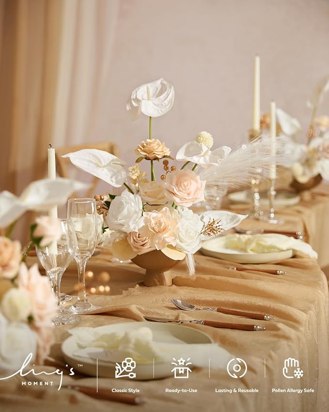 Ling's moment Fake Flowers Box, Faux Artificial Greenery Stems Foam Roses Silk Dahlia Pampas Grass Fabic Flower for Centerpieces Bouquet Wedding Vase Floral Decorations, Beige & Sepia, Deluxe Combo