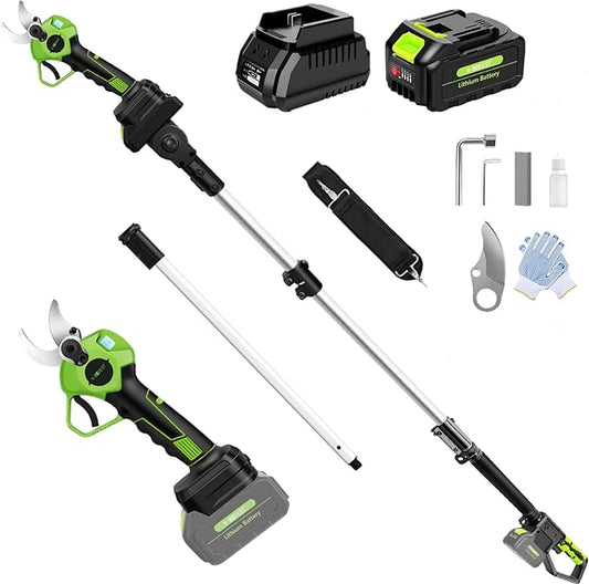 2-IN-1 Electric Pole Pruning Shears Cordless, 1.6" Cutting Diameter Cordless Pruner with 15 FT High Reach Extension Pole, 21V 4.0Ah Battery Powered Pole Pruner for Tree Trimming, LCD Display