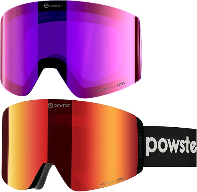 Powster Ski Goggles Snow OTG Snowboard Goggles Magnetic Interchangeable Lens Frameless UV Protection Anti-fog mobile Skating
