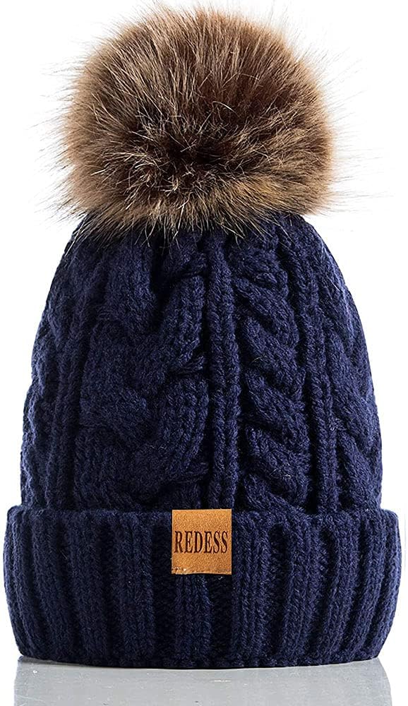 REDESS Women Winter Pompom Beanie Hat with Warm Fleece Lined, Thick Slouchy Snow Knit Skull Ski Cap