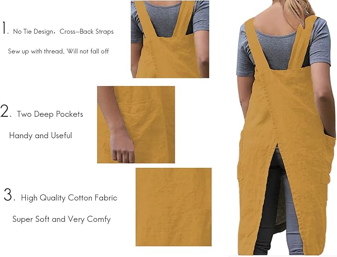 WROLEM Women's Practical Cross Back Pinafore Apron with Large Pockets Home Kitchen,Restaurant,Coffee House,Cooking,Gardening