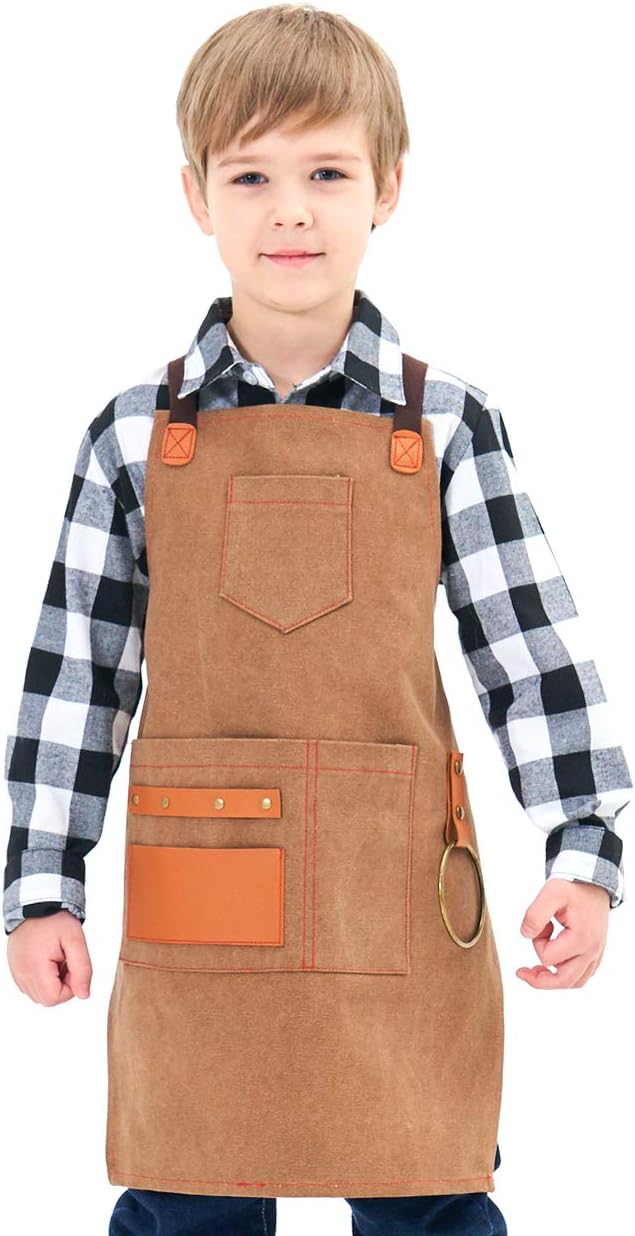 NEOVIVA Heavy Duty Work Apron for Kid Boys with Pockets and Adjustable Cross-back Straps