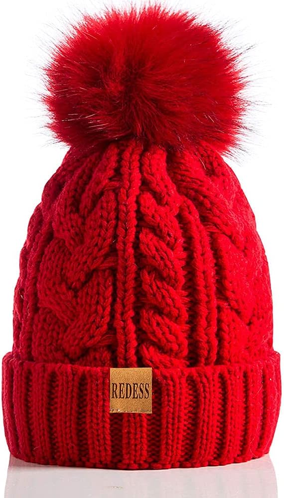 REDESS Women Winter Pompom Beanie Hat with Warm Fleece Lined, Thick Slouchy Snow Knit Skull Ski Cap