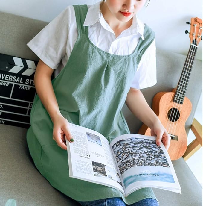 Japanese Style Linen Cotton Cross Back Pinafore Apron with Pockets for Women Ladies Men Chef Kitchen Cooking Baking