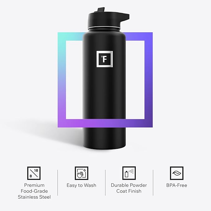 IRON °FLASK Camping & Hiking Hydration Flask with Straw, Wide Mouth Insulated Stainless Steel Sports Water Bottle - 40 oz Dark Rainbow