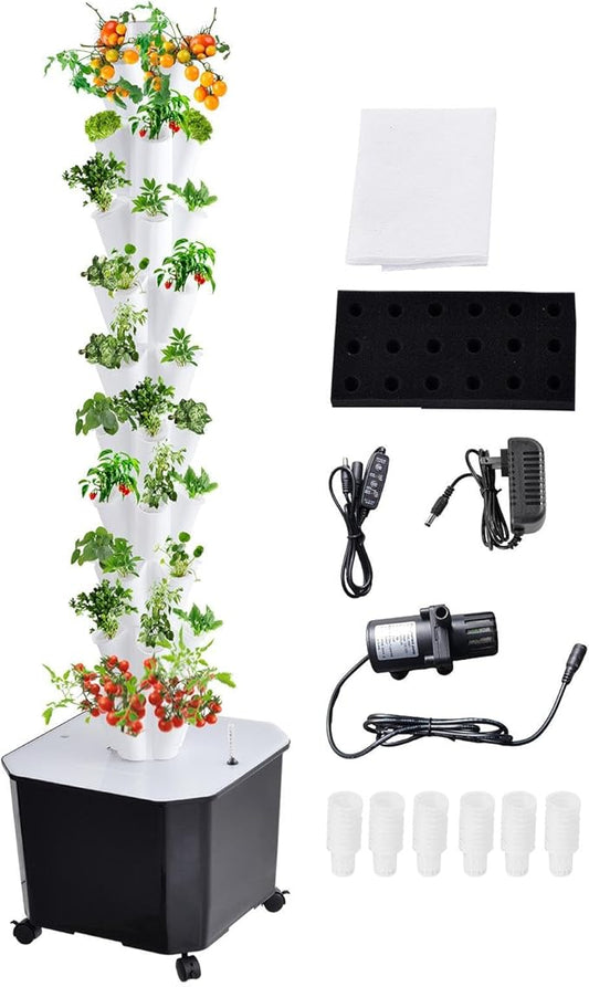 10 Tier 50 Plant Sites Hydroponic Garden Tower Vertical Planting Kit – Large Tank Indoor Outdoor HerbVegetable Garden System with Automatic Water Circulation Timer for Lettuce Tomatoes Fruits