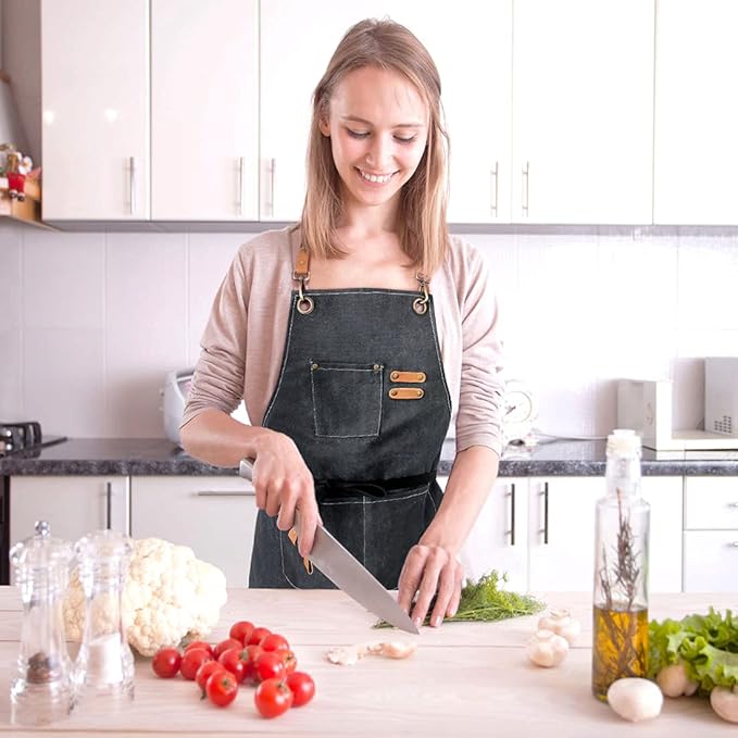 ZOMAO Chef Apron,Cross Back Apron for Women and Men,Cotton Canvas Apron with Adjustable Straps and Large Pockets,Kitchen Cooking Baking Bib Apron