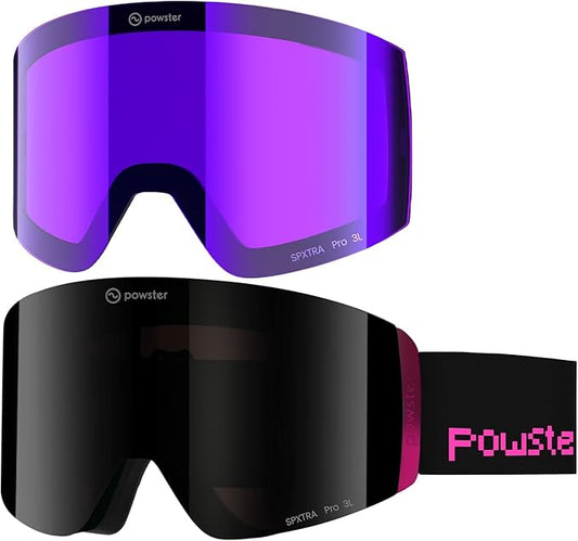 Powster Ski Goggles Snow OTG Snowboard Goggles Magnetic Interchangeable Lens Frameless UV Protection Anti-fog mobile Skating
