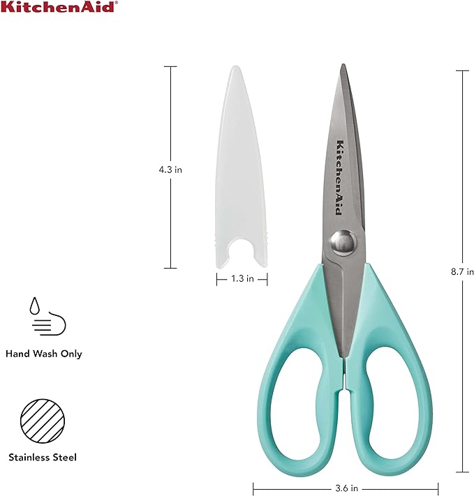 KitchenAid All Purpose Kitchen Shears with Protective Sheath Durable Stainless Steel Scissors, Dishwasher Safe, Soft Grip Comfort Handle, 8.72 Inch, Aqua Sky