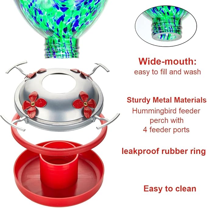 REZIPO Hummingbird Feeder with Perch - Hand Blown Glass - Green(Firework) - 38 Fluid Ounces Hummingbird Nectar Capacity Include Hanging Wires and Moat Hook, blue/Green