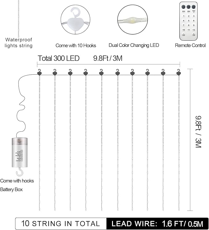 300 LED Fairy Curtain Lights 2 Color Changing, 9.8Ft x 9.8Ft Hanging Lights Battery Operated with Hooks, Outdoor Curtain Light Waterproof for Party Backdrop Patio Decorations (Warm White & Color)