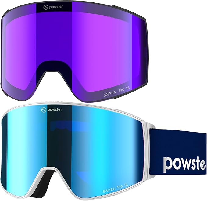 Powster Ski Goggles Snow OTG Snowboard Goggles Magnetic Interchangeable Lens Frameless UV Protection Anti-fog mobile Skating