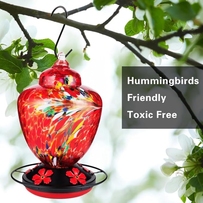REZIPO Hummingbird Feeder with Perch - Hand Blown Glass - 38 Fluid Ounces Hummingbird Nectar Capacity Include Hanging Wires and Moat Hook (Red-fire)