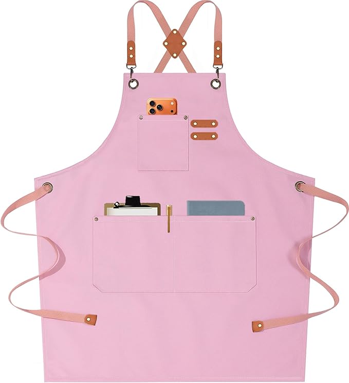 AFUN Chef Aprons for Men Women with Oversized Pockets, 16-Ounce Cotton Canvas Cross Back Heavy Duty Work Apron (Light Pink)
