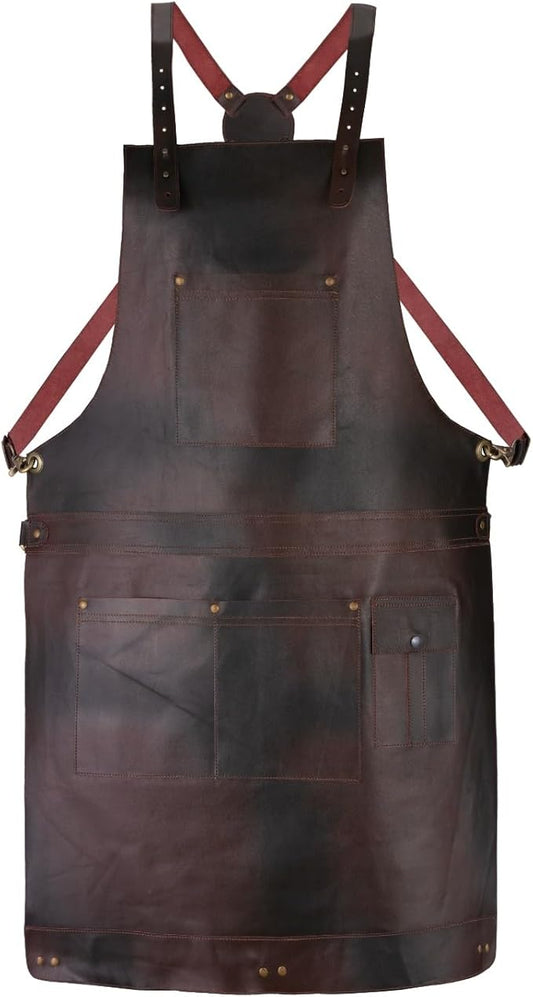 Premium Full Grain Leather Apron, Crossbody Bib Design, Dark Brown, Unisex