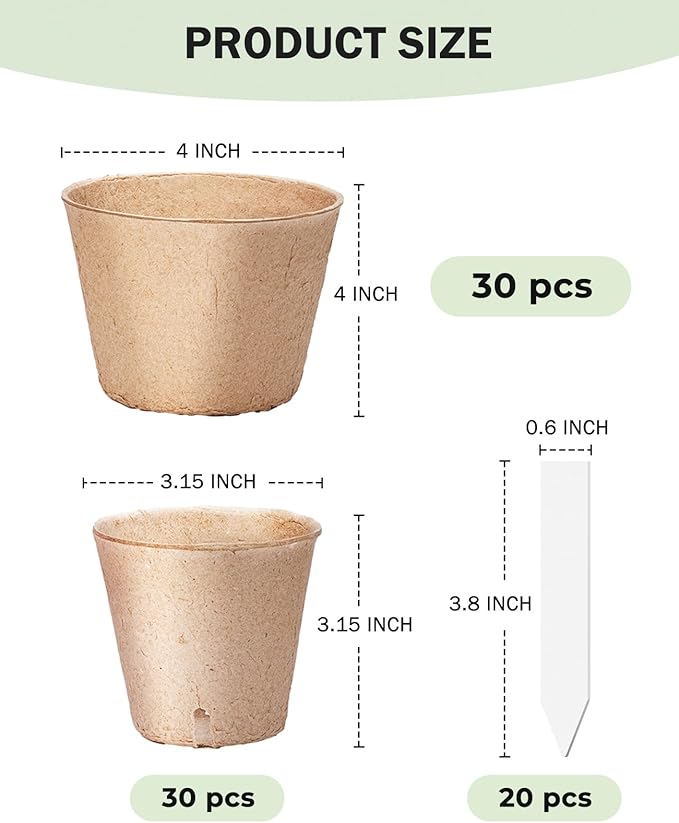 homenote Peat Pots, 3.15/4 Inch 60 Pcs Seed Starting Pots with Drainage Holes Round Nursery Plants Pots with Bonus 20 Plant Labels