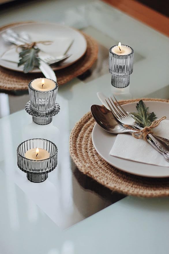 Vixdonos Taper Glass Candlestick Holders Tealight Candle Holders for Table Centerpieces, Wedding Decor and Dinner Party (6 Pcs, Gray)