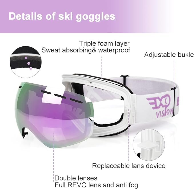 EXP VISION Snowboard Ski Goggles Men Women Youth, Anti Fog OTG Winter Snow Goggles Spherical Detachable Lens
