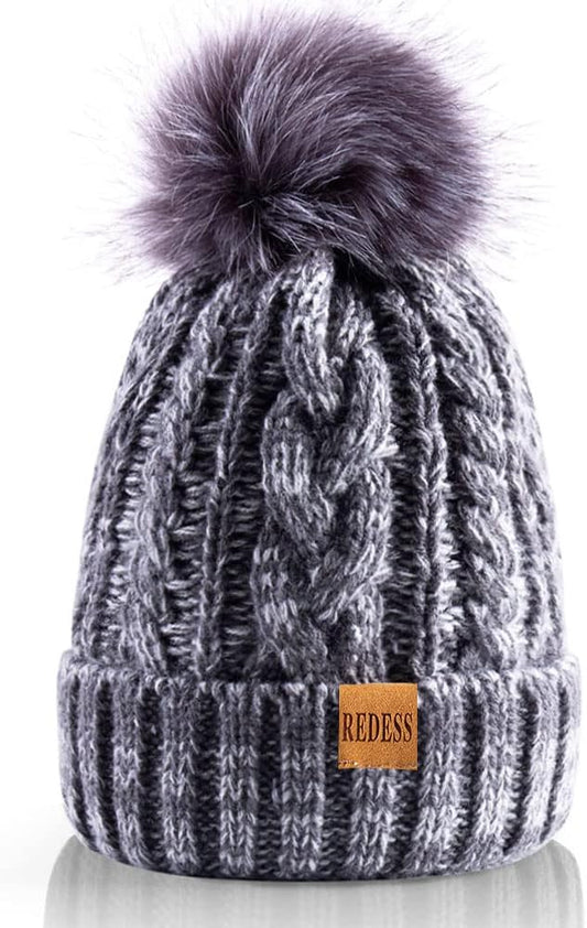 REDESS Women Winter Pompom Beanie Hat with Warm Fleece Lined, Thick Slouchy Snow Knit Skull Ski Cap