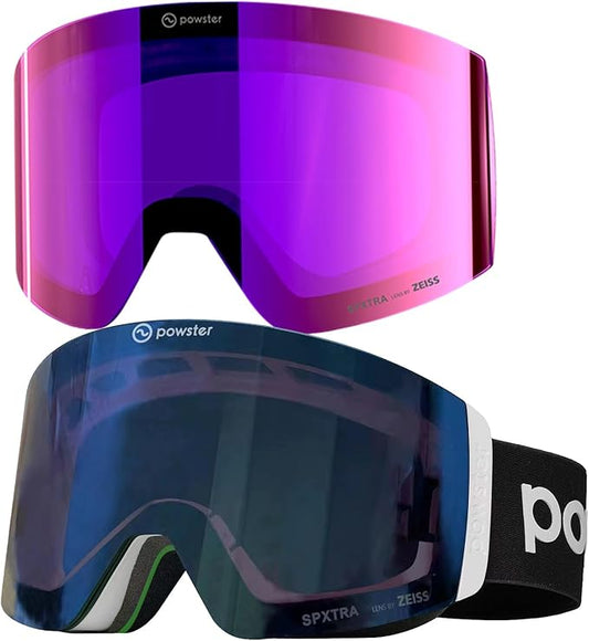 Powster Ski Goggles Snow OTG Snowboard Goggles Magnetic Interchangeable Lens Frameless UV Protection Anti-fog mobile Skating