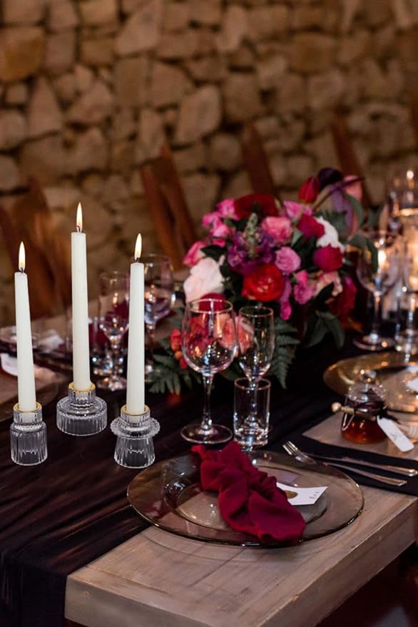 Vixdonos Taper Glass Candlestick Holders Tealight Candle Holders for Table Centerpieces, Wedding Decor and Dinner Party (3 Pcs, Gold Rim Clear)