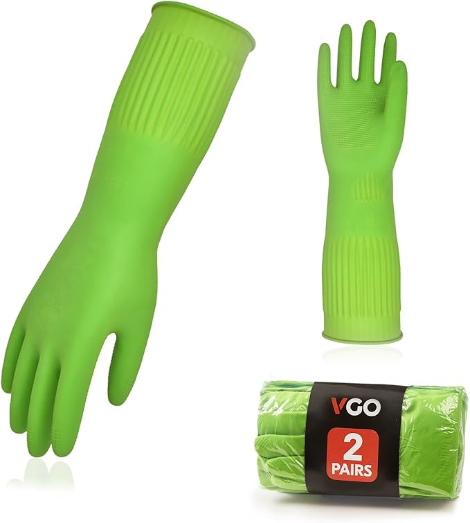 Vgo 2-Pairs Dishwashing Gloves, Reusable Household Gloves, Long Sleeve, Thick Latex, Cleaning, Washing, Working, Painting, Gardening, Pet Care (Size M, Green, RB2143)