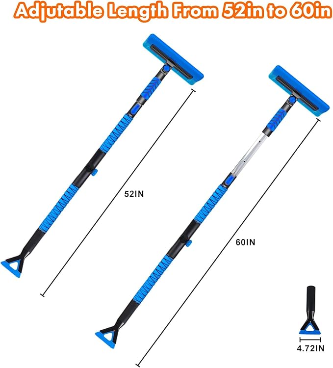 E-SDS 60” Snow Broom Ice Scraper Bendable Snow Remover for Cars with 12.2” Foam Head, Extendable Snow Brush for Car, Truck and SUV, Blue