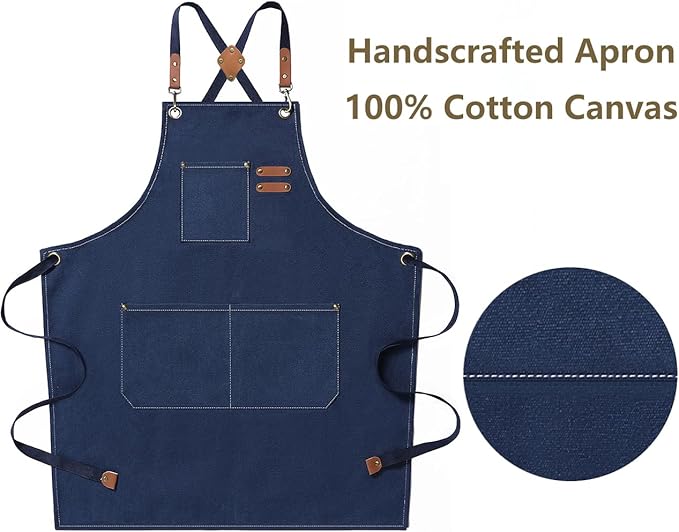 AFUN Chef Aprons for Men Women with Oversized Pockets, 16-Ounce Cotton Canvas Cross Back Heavy Duty Work Apron (Dark Blue)
