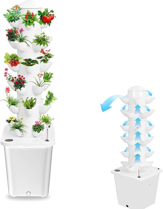 Vertical Hydroponics Garden Tower, 30-Plant Hydroponic Growing System with 10L Tank, 6 Layers Tower Garden Hydroponics Growing System, Automatic Watering for Home Indoor Gardening System White