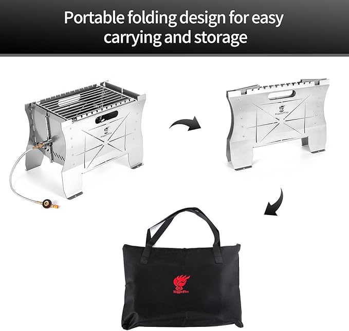 Camping Grill Folding Charcoal Grill,2 in 1 Portable Duel Fuel Charcoal or Gas Grill or Fire Pit,Stainless Steel Camping Barbecue Grill for Outdoor Barbecuing Picnicking with Storage Bag