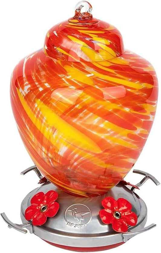 REZIPO Hummingbird Feeder with Perch - Hand Blown Glass - 38 Fluid Ounces Hummingbird Nectar Capacity Include Hanging Wires and Moat Hook (Yellow)