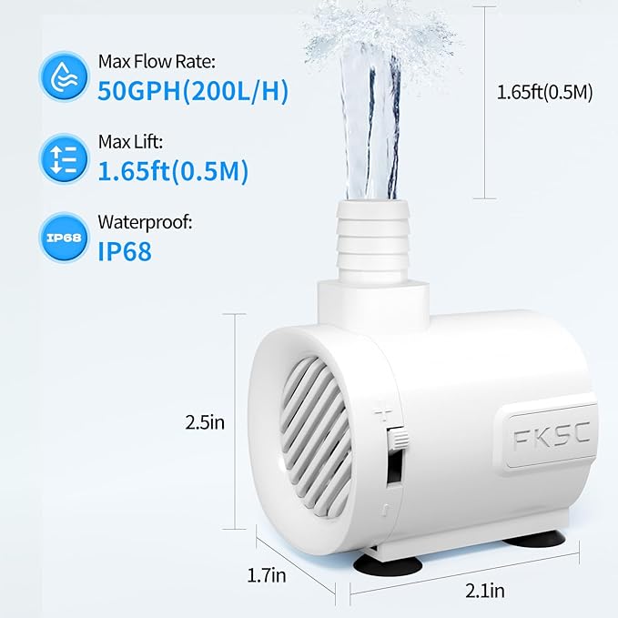 50 GPH Submersible Water Pump - Fountain Pump for Aquarium & Fish Tank Mini, Adjustable Flow Control, Dual-Suction Side/Bottom Intake, Outdoor Water Fountain, Hydroponics, Pond (White)
