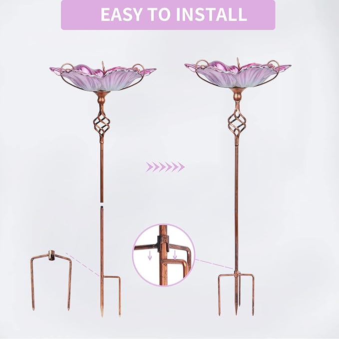 MUMTOP 31 Inch Height Glass Birdbath Birdfeeder with Metal Stake Garden Yard Outdoor Pink