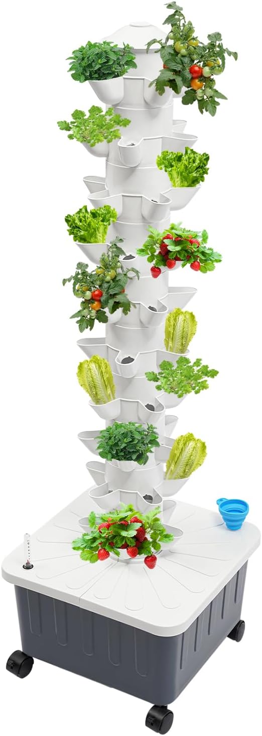 Hydroponics Growing System Kit 50 Pods Vertical Garden Tower Garden Growing System with Timer, Wheels, Indoor Hydroponic Planter for Vegetable, Fruit, Flower (Gray, 50 Pods)