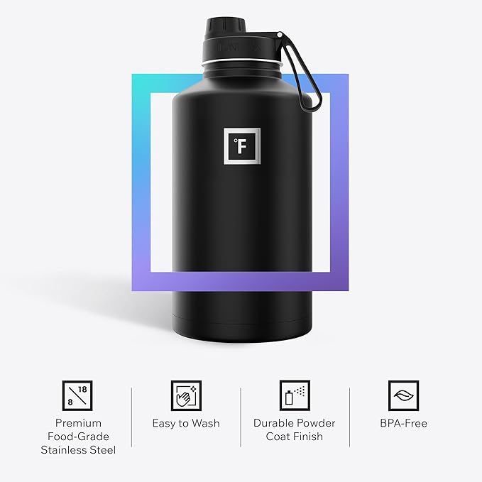 IRON °FLASK Camping & Hiking Hydration Flask with Spout, Wide Mouth Insulated Stainless Steel Sports Water Bottle - 64 oz Dark Night