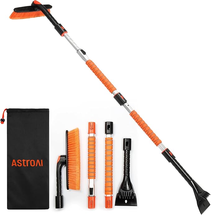 AstroAI 62.4" Ice Scrapers for Car Windshield and Extendable Snow Brush with Foam Grip and 360° Pivoting Brush Head for Christmas Car Auto Truck SUV(Orange)