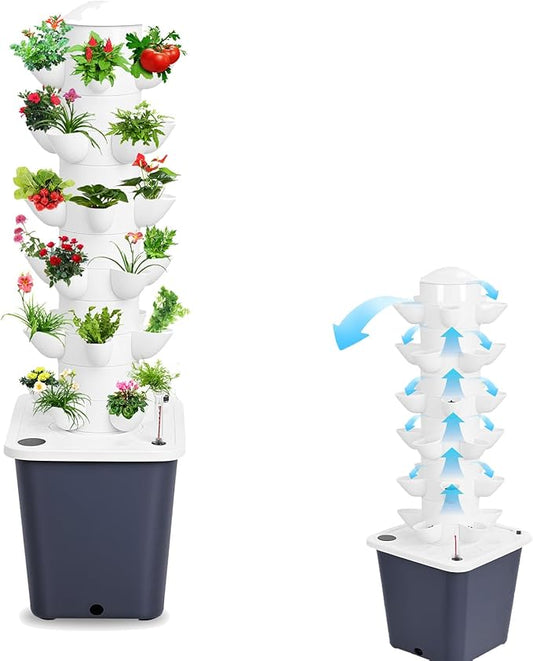 Vertical Hydroponics Garden Tower, 30-Plant Hydroponic Growing System with 10L Tank, 6 Layers Tower Garden Hydroponics Growing System, Automatic Watering for Home Indoor Gardening System Black