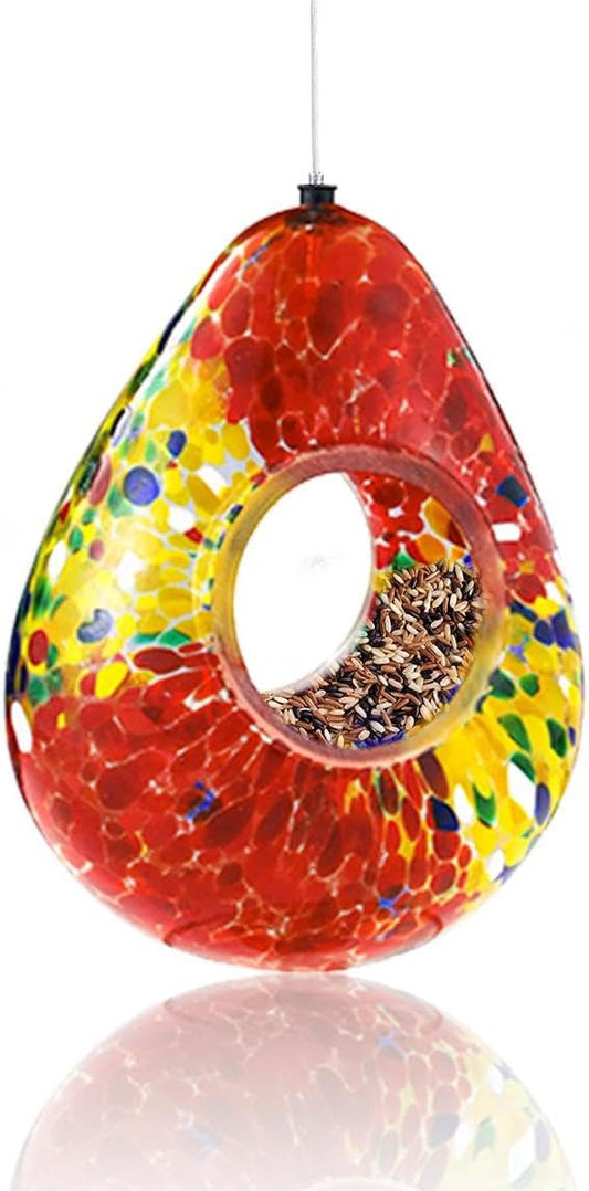 VOREEN Glass Bird Feeder, Handcrafted Hanging Fly-Through Feeder for Outdoor Garden & Backyard, Decorative Wild Bird Feeder with Steel Wire Cable，Red.