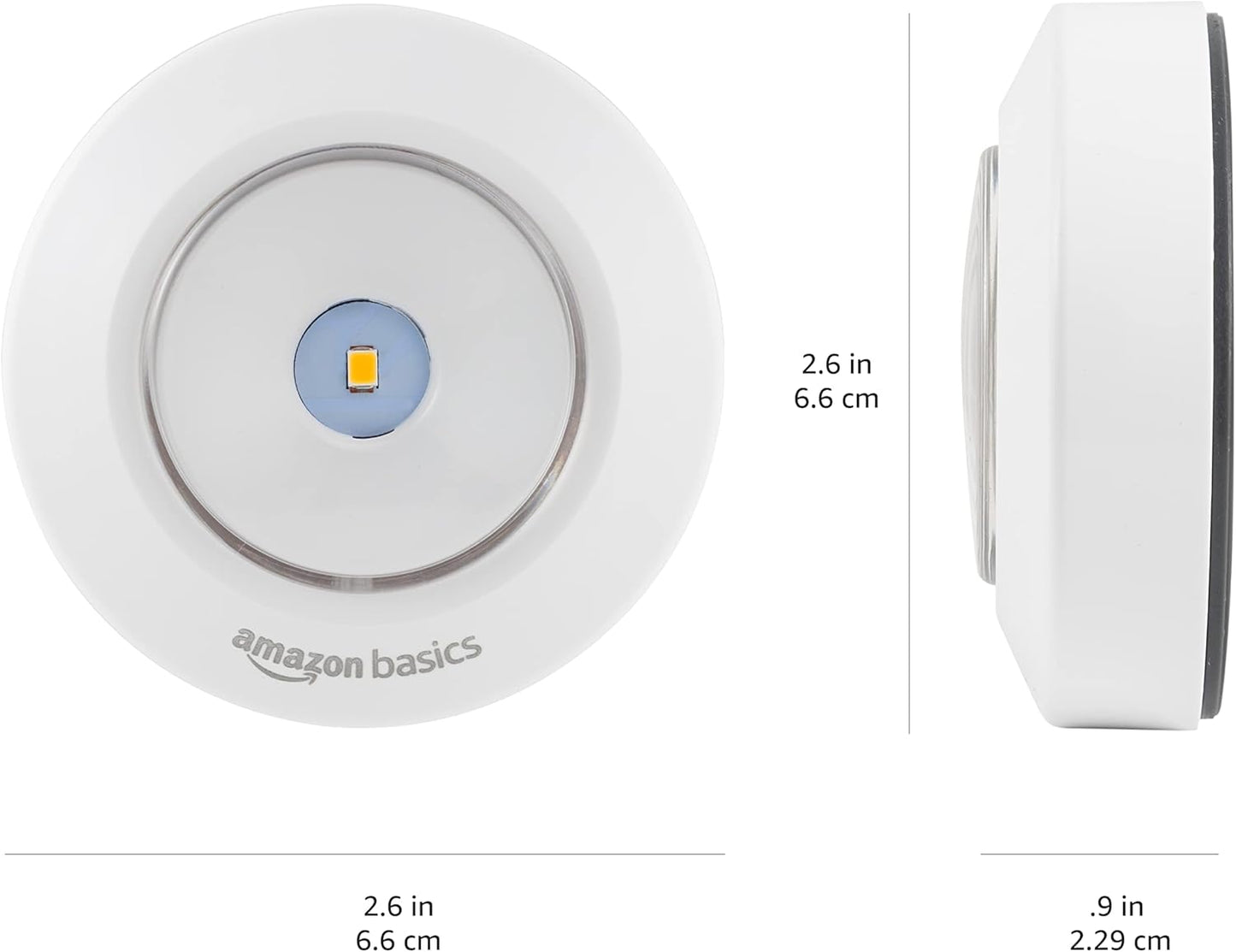 Amazon Basics LED Puck Lights, Battery Operated, 50 Lumens 2 Pack, Tap Light, Stick on Lights, Under Cabinet Lighting, Ideal for Kitchen Cabinets, Closets, Garage and More, White