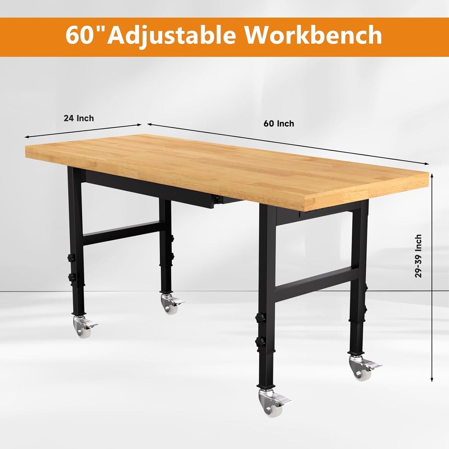 Solid Wood 60" Work Bench with Wheels, Heavy-Duty Workbench with Drawers, Adjustable Height Work Table with Power Outlets, 2000 LBS Capacity Workstation for Garage, Workshop(60" X 24")