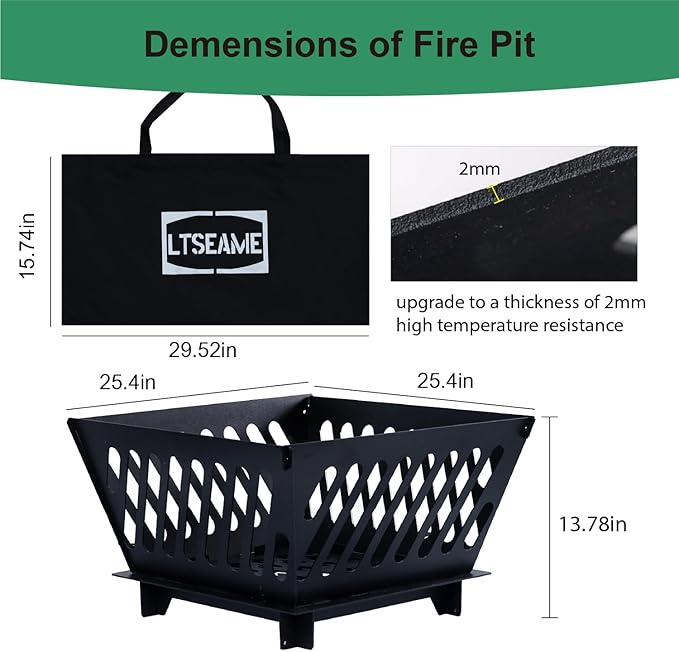 25 inch Portable Fire Pit for Outside Collapsible Plug Fire Pit Suitable for Camping, Picnics, Courtyards, Garden Bonfires and Outdoor Firewood with Storage Bag