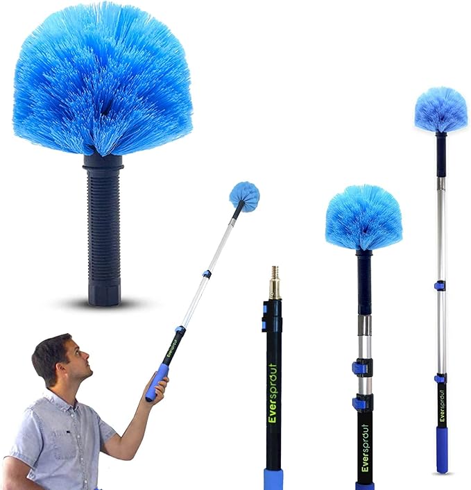 EVERSPROUT 8-10 Feet Standing Reach | 1.5-to-3 Foot Cobweb Duster and Extension-Pole Combo & Lightweight 3-Stage Aluminum Pole | Hand-Packaged Indoor/Outdoor Use Brush Attachment