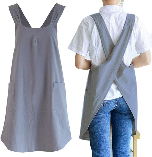 Japanese Style Linen Cotton Cross Back Pinafore Apron with Pockets for Women Ladies Men Chef Kitchen Cooking Baking
