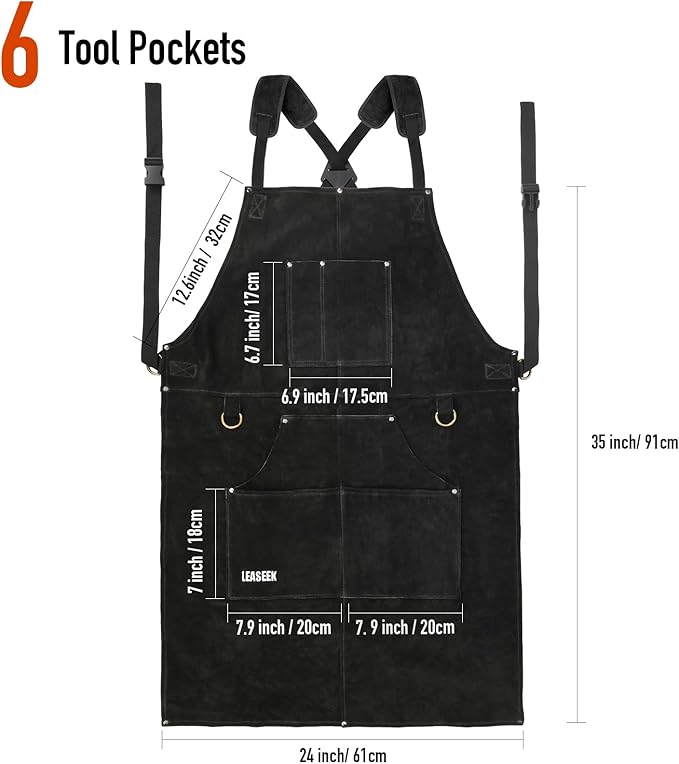 LeaSeek Leather Welding Apron - Flame and Heat Resistant Bib Apron with 6 Pockets