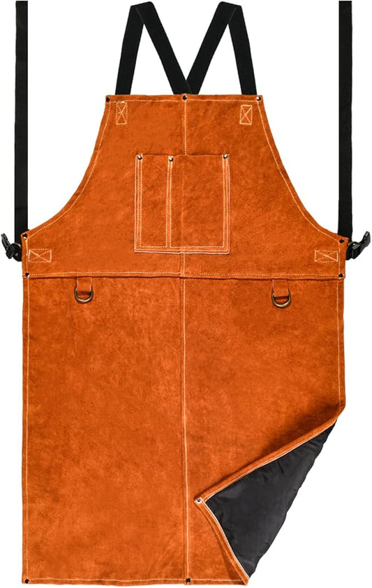 Leather Welding Work Apron - Heat Resistant & Flame Resistant Bib Apron, Flame Retardant Heavy Duty BBQ Apron