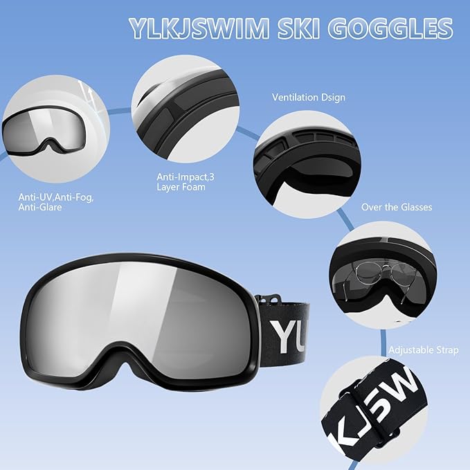 Ski Goggles for Men Women, OTG Snow Goggles, UV Protection Snowboard Goggles for Adult & Youth, Snowmobile, Sledding
