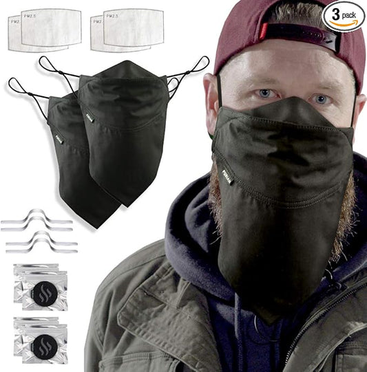 PURIAN Beard Mask, 3 Layer Bandana Face Mask with Filter Pocket, Beard Defender Face Mask, SM to XL Mask, Charcoal Filters & Aromatherapy Discs, 2 Masks